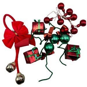 Lot of 15 Christmas Ornament Set Red Bow Green & Red Baubles Gift Boxes & Bells
